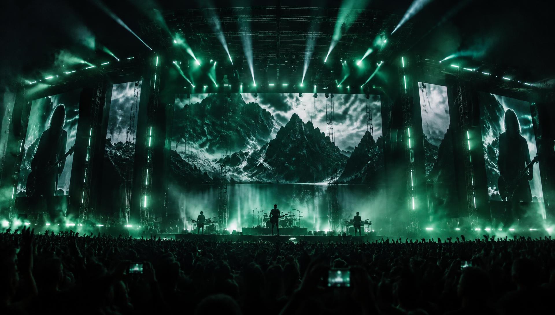 Concert stage with LED video walls and green moving-head lighting